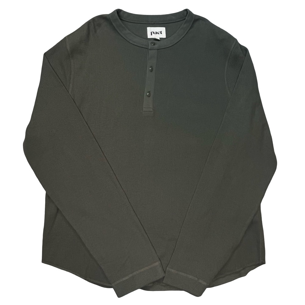 Pact Mens Henley Shirt Dark Green Organic Cotton Waffle Knit Casual XL
